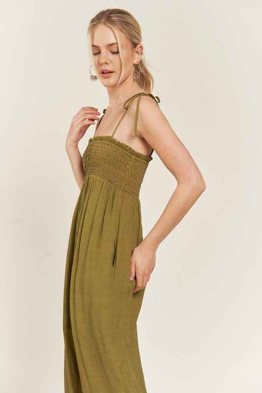 SMOCKED TIE STRAP JUMPSUIT