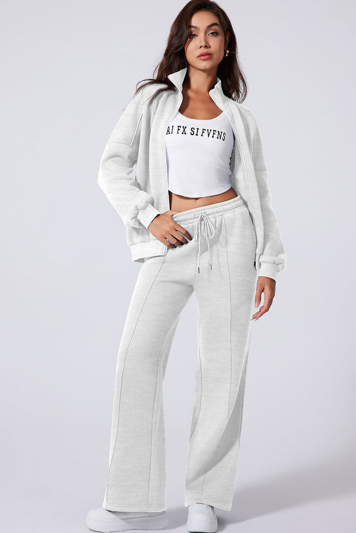 Light Grey Drop Shoulder Zip Up Jacket Drawstring Pants Active 2pcs Set Dear-Lover Dropshipping