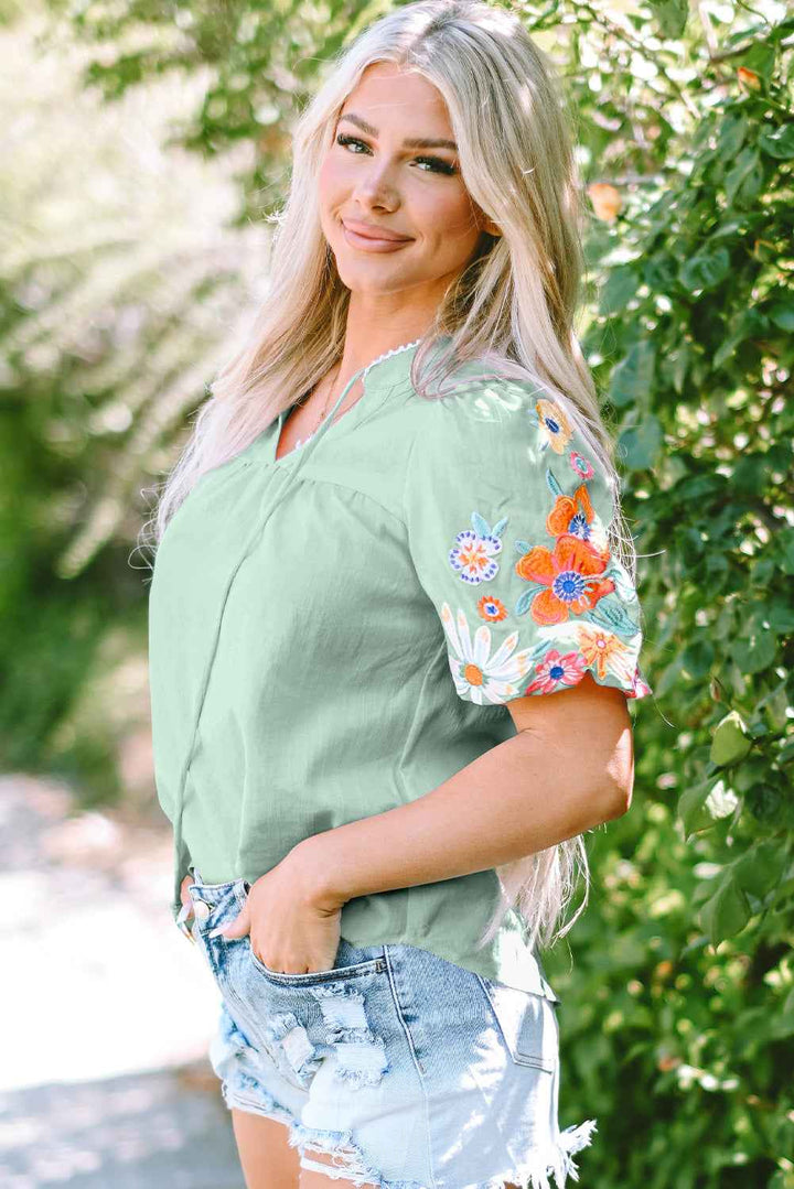 Clearly Aqua Floral Embroidered Puff Sleeve Split Neck Blouse