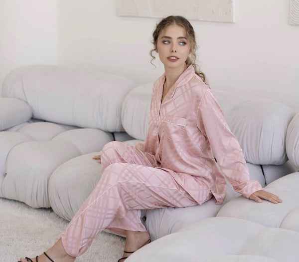 Pink Squared Button Front Long Sleeves Pajama Set