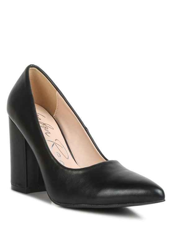ZHURI Faux Leather Solid Block Heel Pumps
