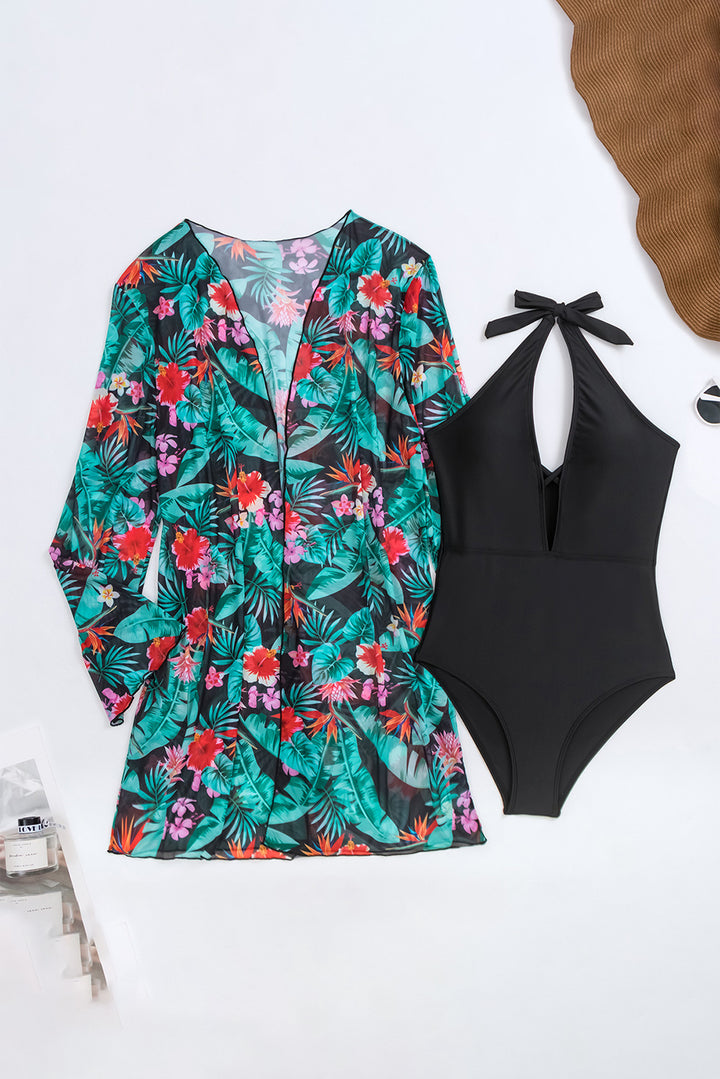 Black Halter Neck Monokini with Floral Beach Cover Up Dear-Lover Dropshipping