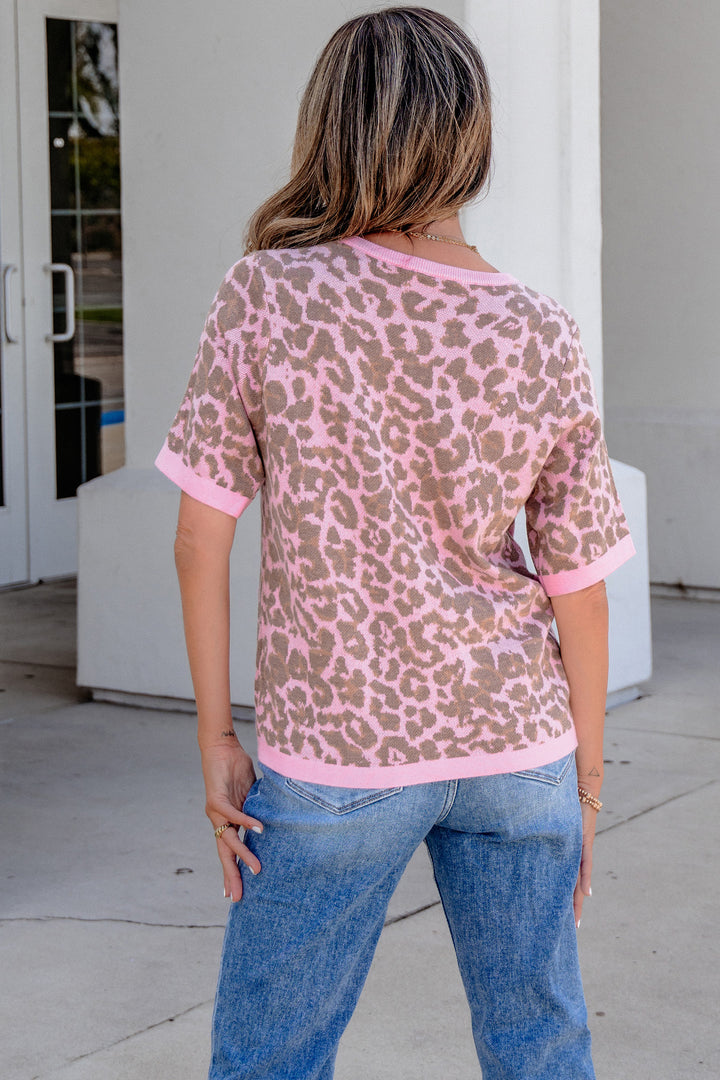 Pink Leopard Button Down Short Sleeve Sweater Cardigan Dear-Lover Dropshipping