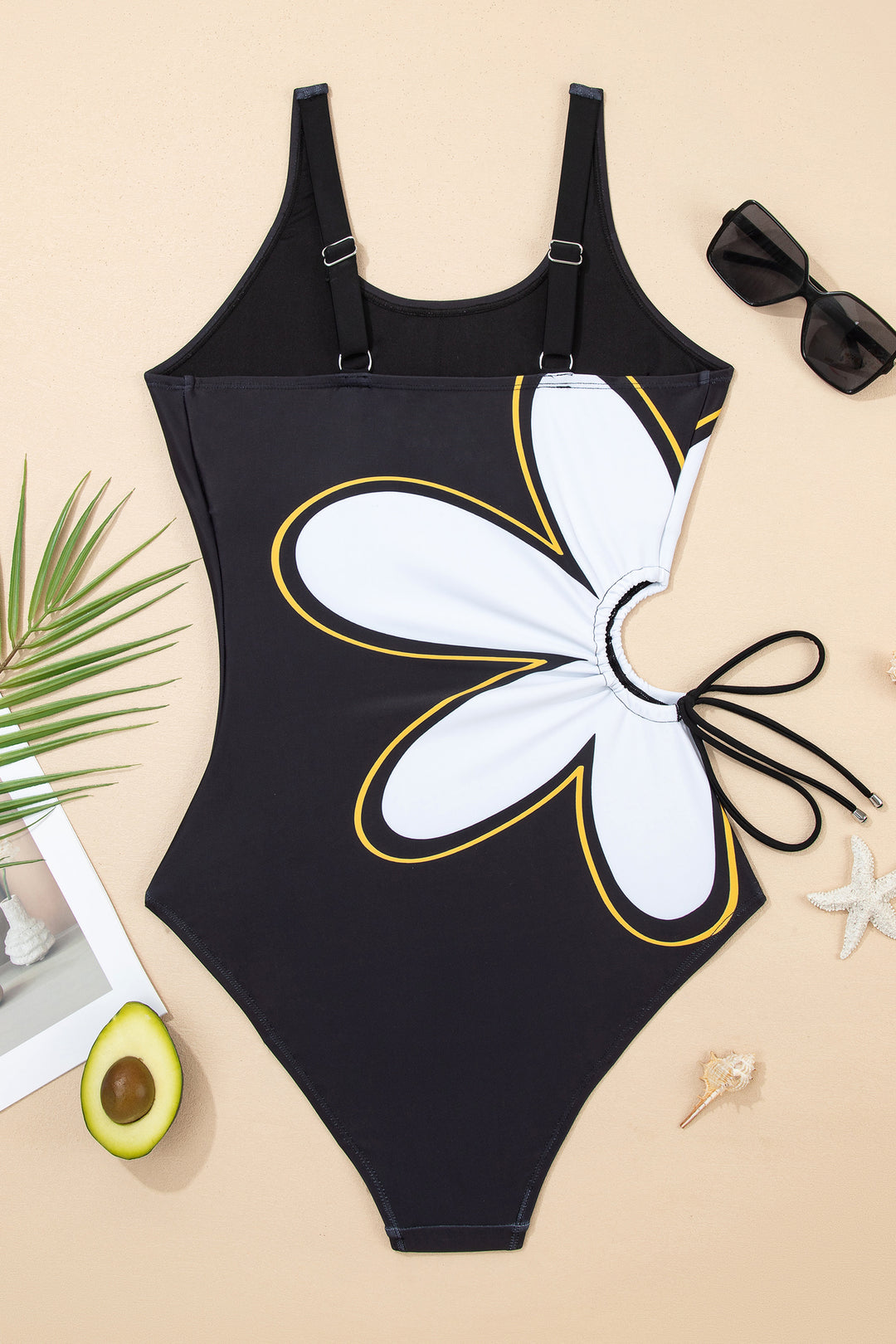 Black Drawstring Big Hole Floral Print Sleeveless One Piece Swimsuit Dear-Lover Dropshipping