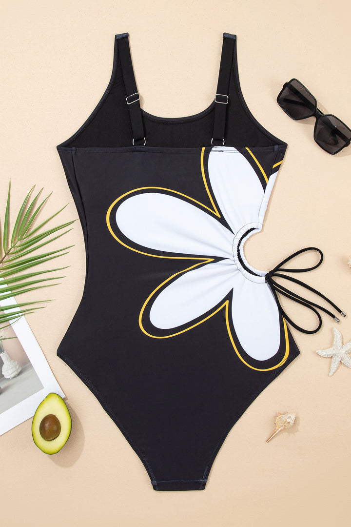 Black Drawstring Big Hole Floral Print Sleeveless One Piece Swimsuit Dear-Lover Dropshipping