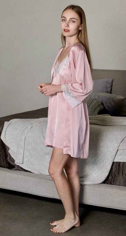 4 pieces Pink with lace High-End Silk pajama sets