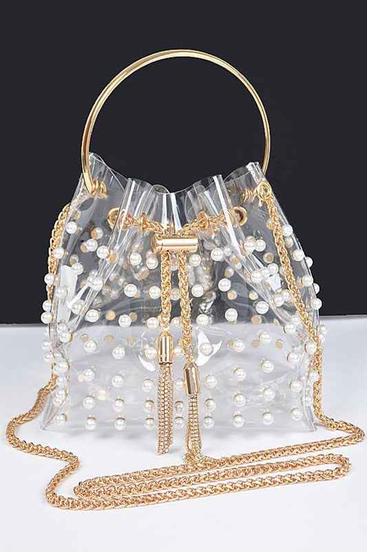 Pearl Studs Clear Transparent Clutch Bag