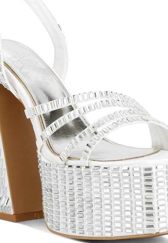 Lustrous Mirror Embellished Flare Heel Sandals