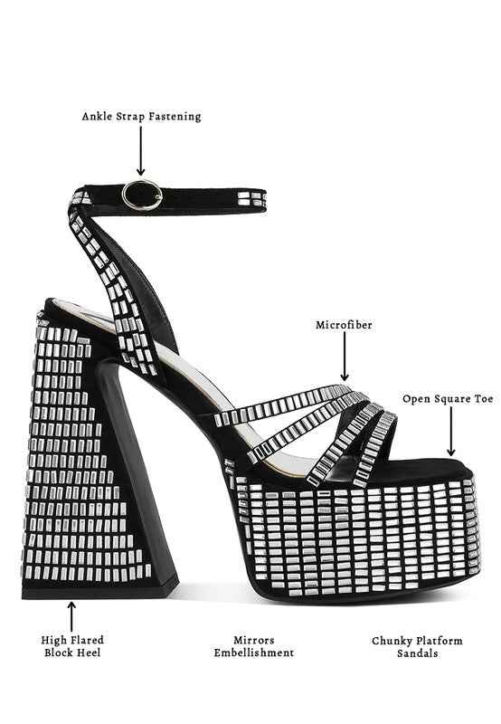 Lustrous Mirror Embellished Flare Heel Sandals