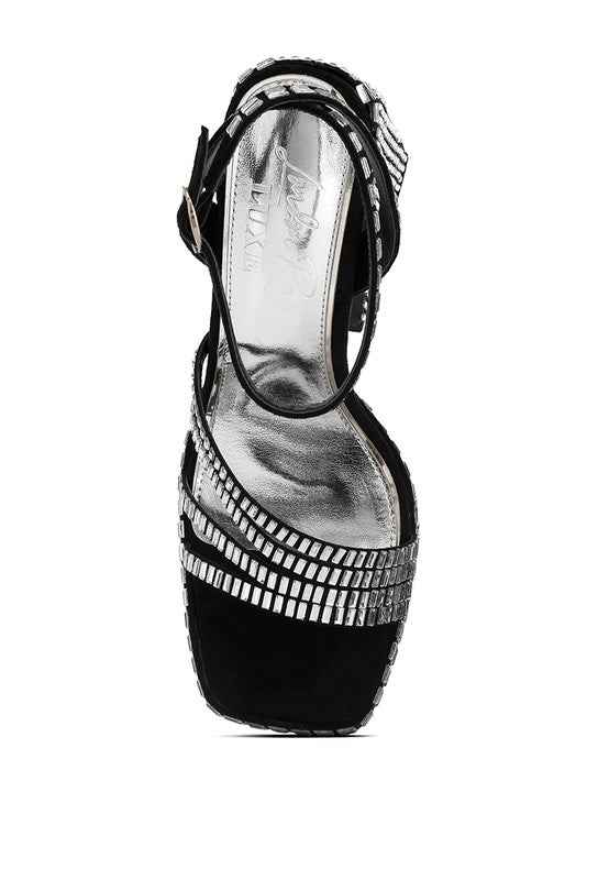 Lustrous Mirror Embellished Flare Heel Sandals