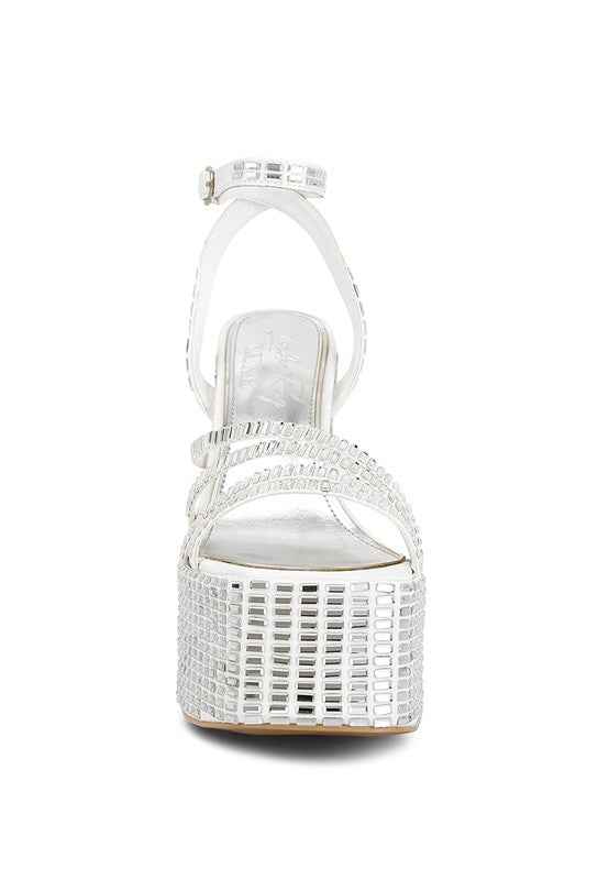 Lustrous Mirror Embellished Flare Heel Sandals