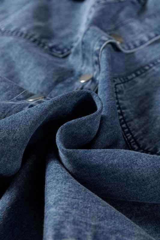 Solid Denim Chest Pocket Raw Hem Shirt Dress