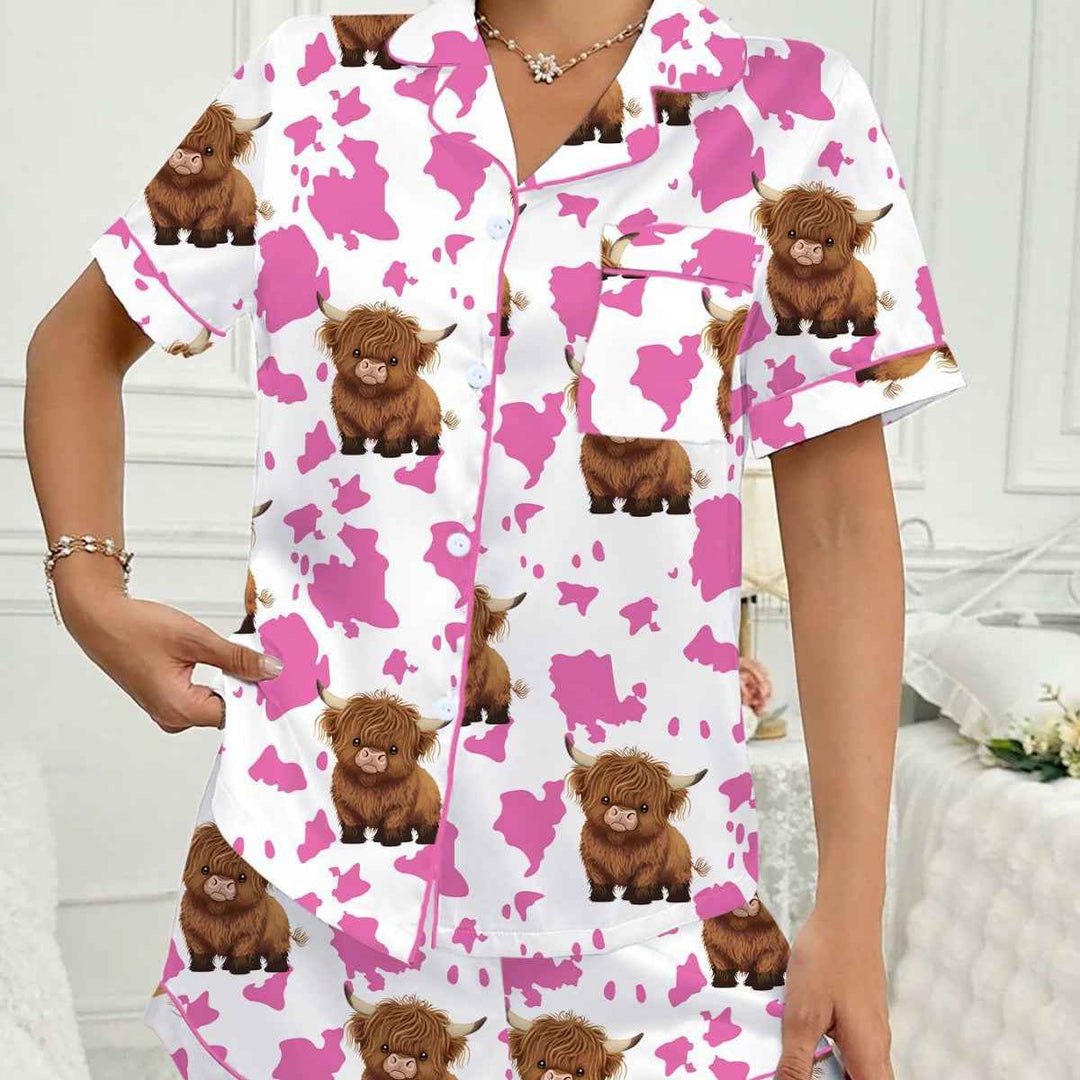 Brown Highlands Cow Flip Collar Loose Milk Silk Short Sleeve Shorts Women's Pajamas Loungewear