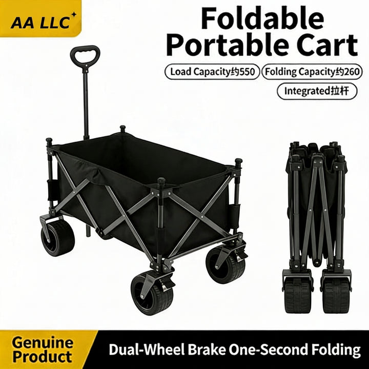 BEIYUE foldable portable cart shown in open position on the left and folded position on the right, with text highlighting load capacity, folding capacity, integrated handle, and dual-wheel brake features on a white background.