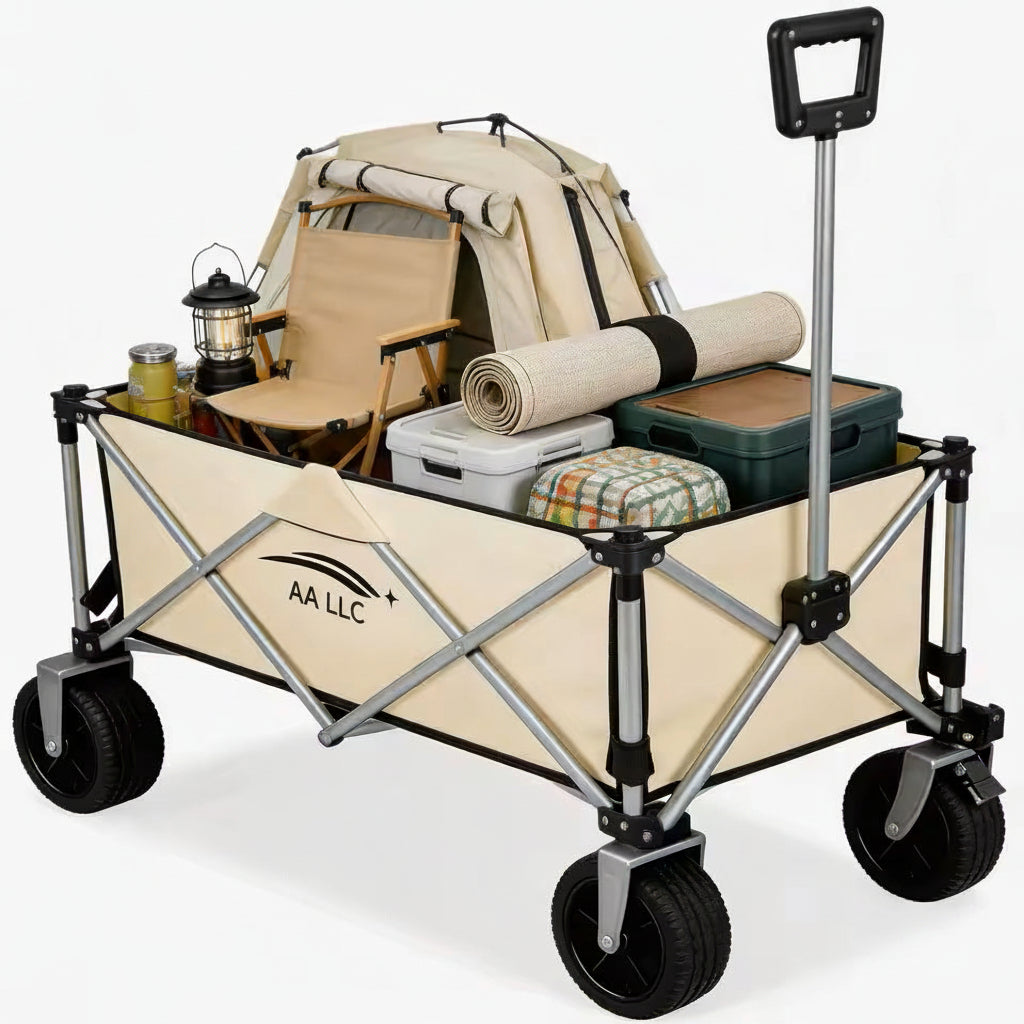 A beige and silver BEYUE folding utility wagon with black wheels, shown loaded with camping gear including a tent, chair, lantern, rolled mat, cooler, and storage bins on a clean white background.