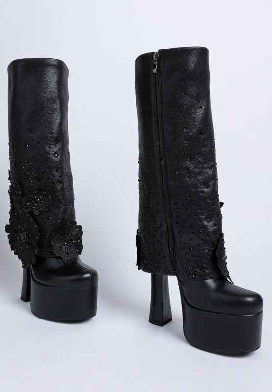Sundra Floral Applique Platform Heeled Boots