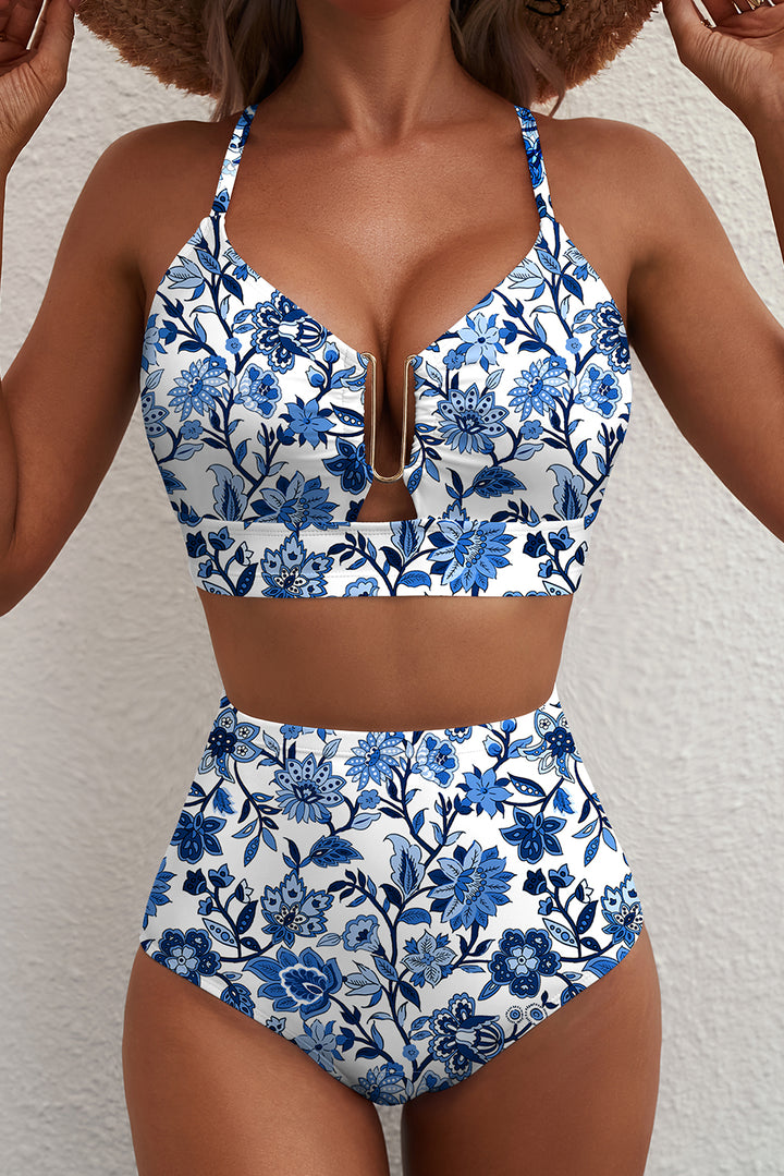 Blue Floral Print Hardware Accent Notched Neck High Waist Bikini Set Dear-Lover Dropshipping
