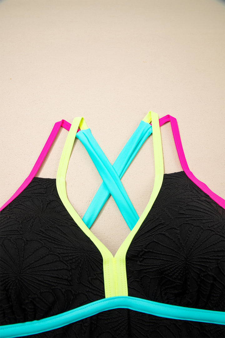 Black Floral Textured Neon Trim V Neck Crisscross Backless Tankini Set Dear-Lover Dropshipping