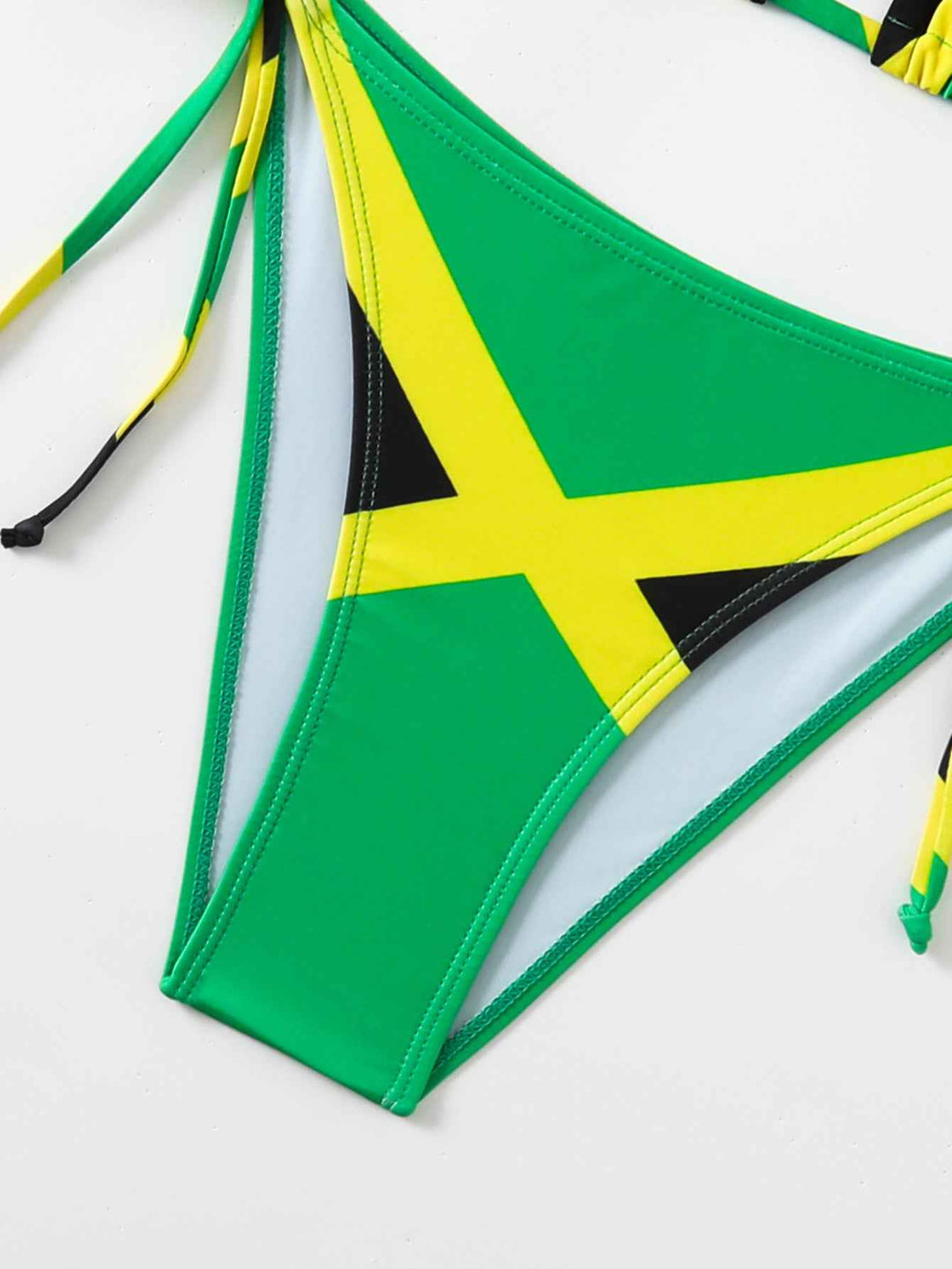 Women's Jamaica Flag Print Triangle Bikini Set, Halter Tie Top & Side Tie High Cut Bottom, 2 Piece Caribbean Swimsui