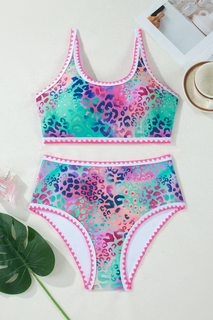 Pink Leopard Ricrac Trim Square Neck High Waist Bikinich Dear-Lover Dropshipping