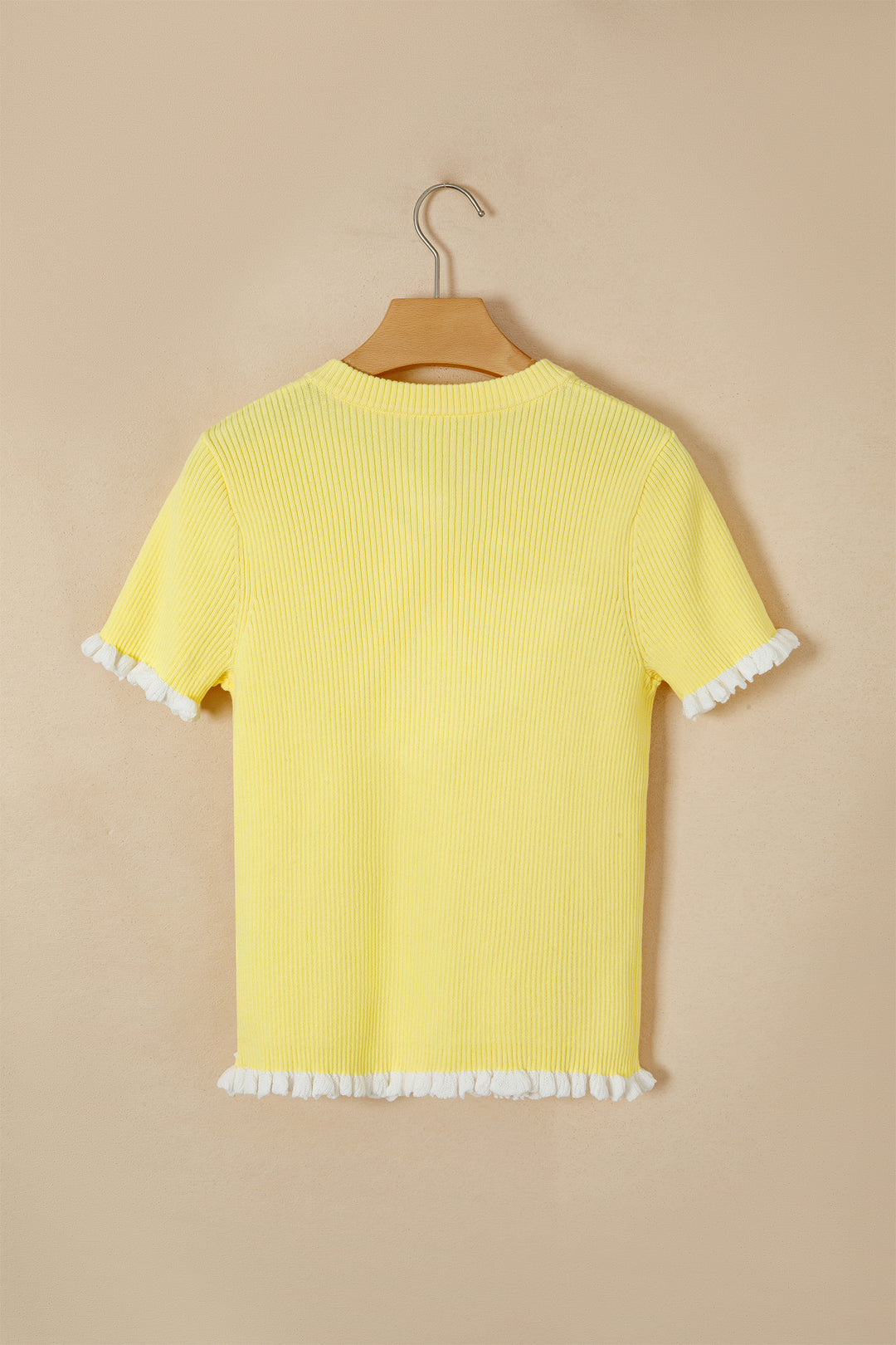 Yellow Cream Ribbed Knit Contrast Frilled Short Sleeve Sweater Cardigan Dear-Lover Dropshipping