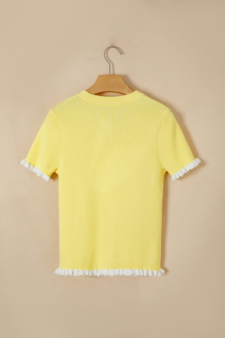Yellow Cream Ribbed Knit Contrast Frilled Short Sleeve Sweater Cardigan Dear-Lover Dropshipping
