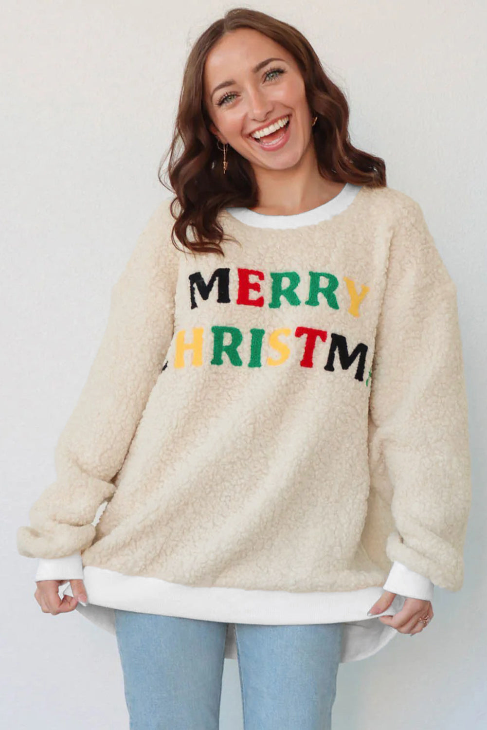 White MERRY CHRISTMAS Multicolor Embroidered Sherpa Pullover Sweatshirt Dear-Lover Dropshipping