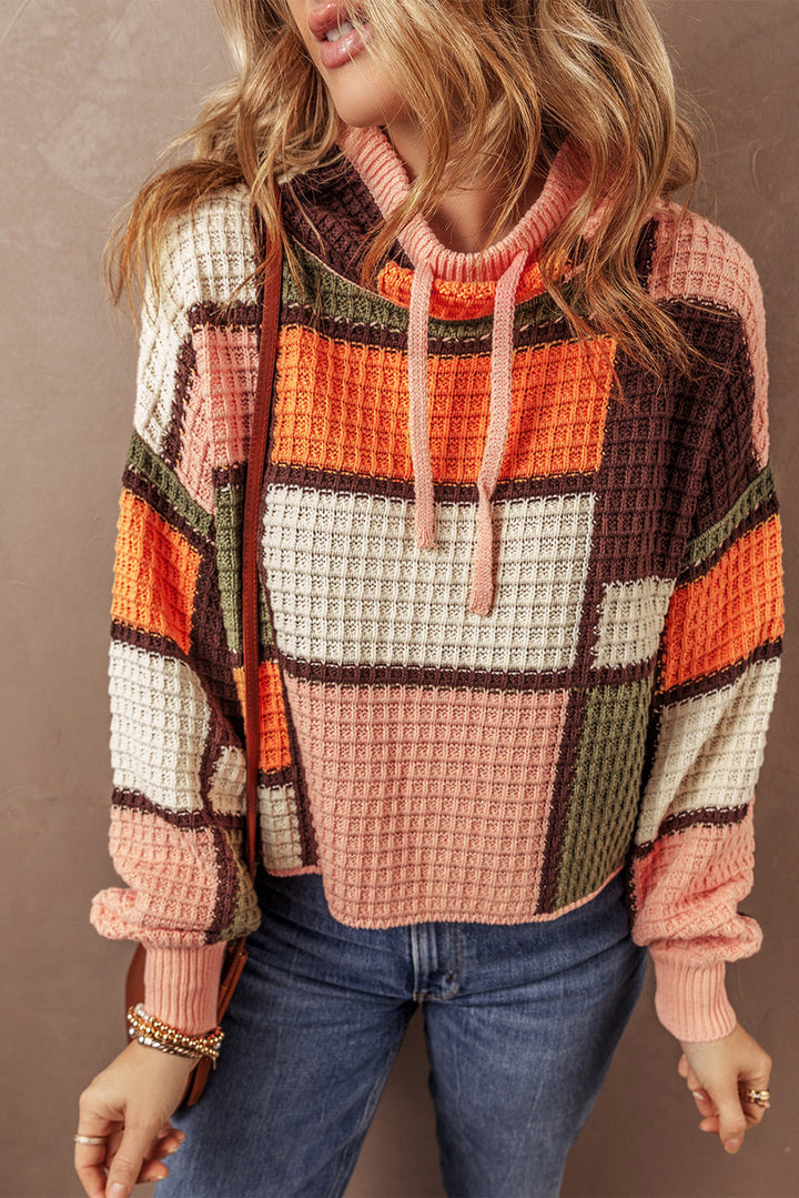 Orange Color Block Waffle Knit Drawstring Mock Neck Sweater Dear-Lover Dropshipping