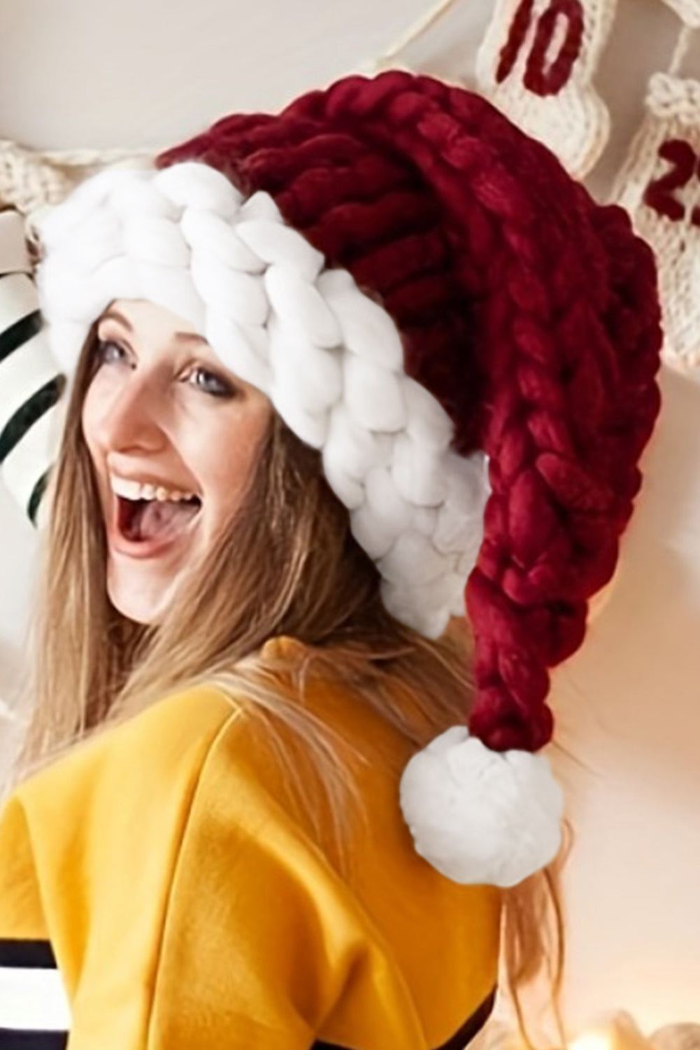 Dearlove Red Dahlia Color Block Pom Pom Decor Chunky Knitted Christmas Hat Dear-Lover Dropshipping