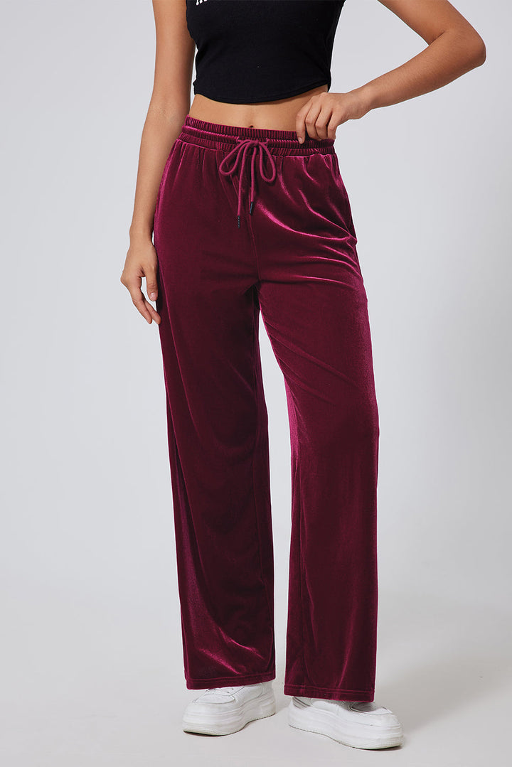 Burgundy Solid Drawstring Waist Wide Leg Pants Dear-Lover Dropshipping