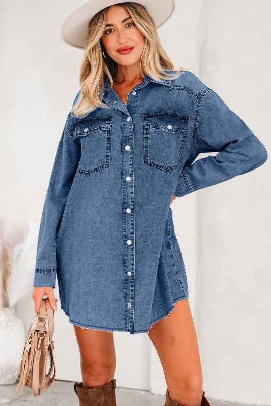 Solid Denim Chest Pocket Raw Hem Shirt Dress