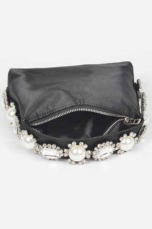 Embellished Top Handle Satin Soft Clutch