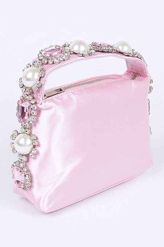 Embellished Top Handle Satin Soft Clutch