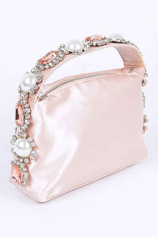 Embellished Top Handle Satin Soft Clutch