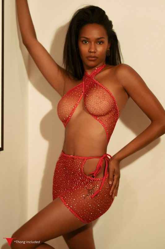 Wrap Around Rhinestone Bodystocking w/ Thong