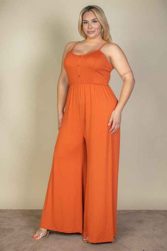 Plus Size Button Front Wide Leg Jumpsuit