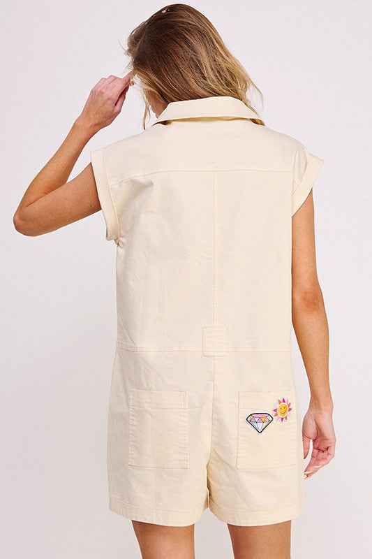 COTTON TWILL UTILITY ROMPER W/ PATCHWORK DETAIL