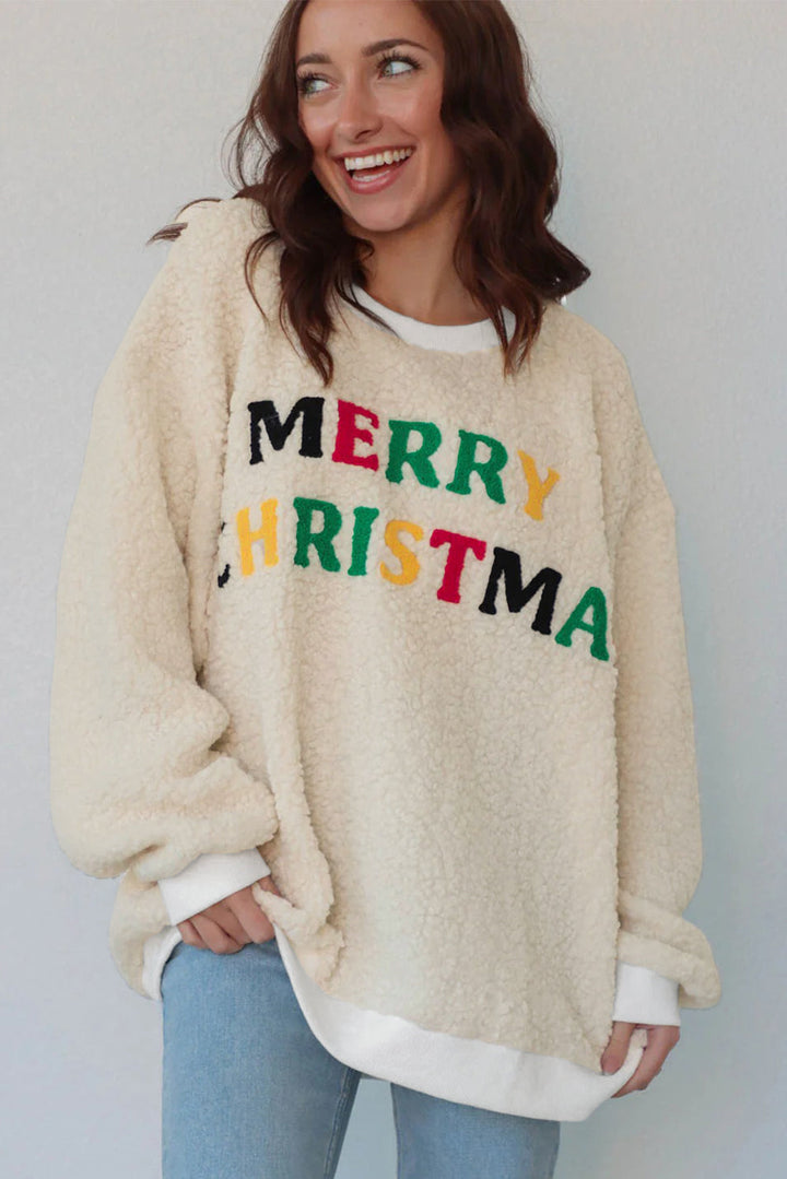 White MERRY CHRISTMAS Multicolor Embroidered Sherpa Pullover Sweatshirt Dear-Lover Dropshipping