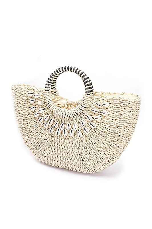 Top Handle Sea Shell Faux Straw Tote Bag