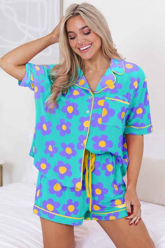 Women Flower Print Short Sleeve Shirt Pajamas Set