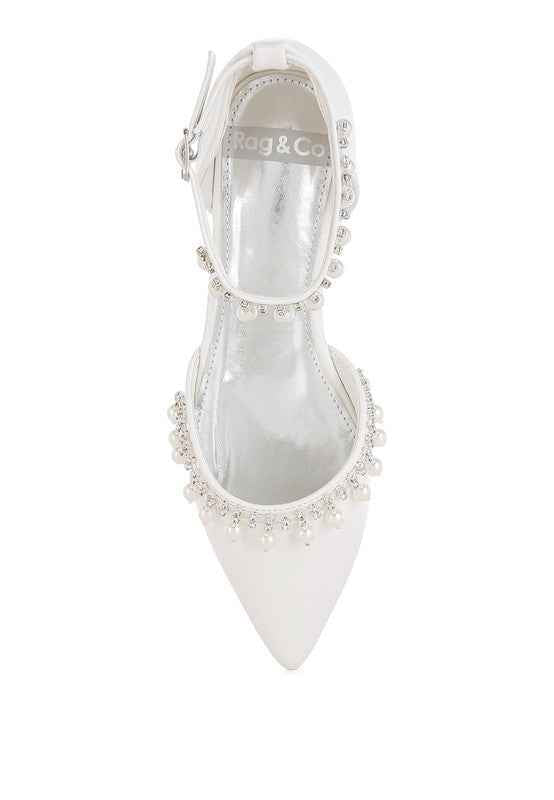 Aouva Rhinestone & Pearl Ankle Strap Flat Sandals