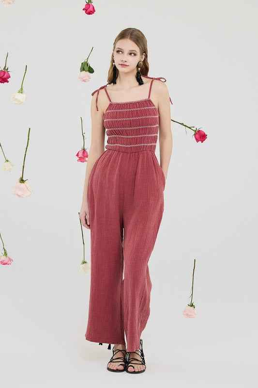 Smocked Top Wide Leg Gauze Jumpsuits