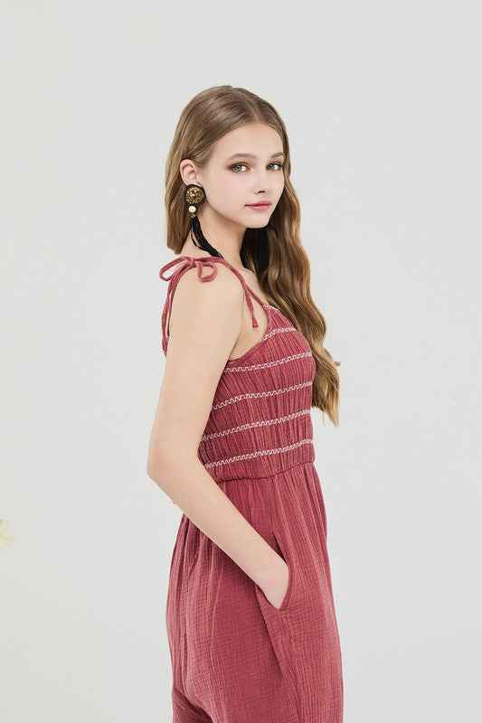Smocked Top Wide Leg Gauze Jumpsuits