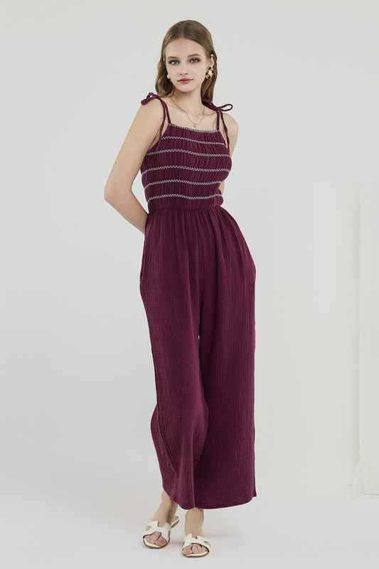 Smocked Top Wide Leg Gauze Jumpsuits
