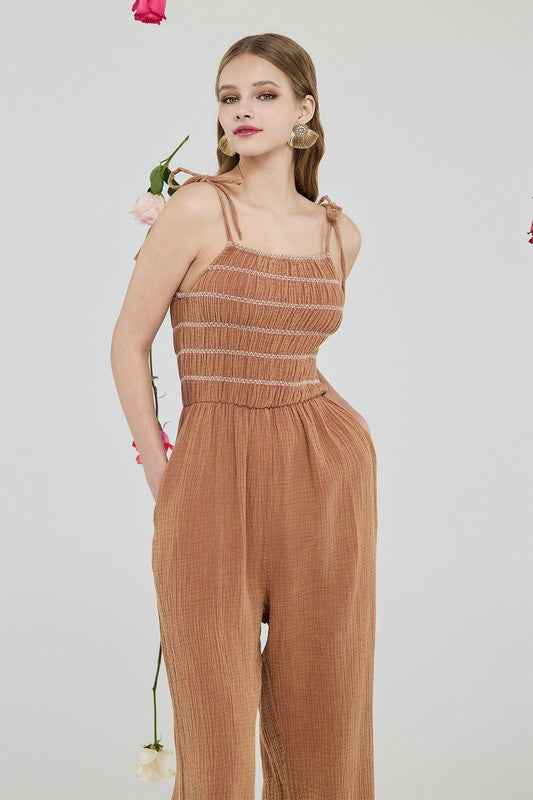 Smocked Top Wide Leg Gauze Jumpsuits