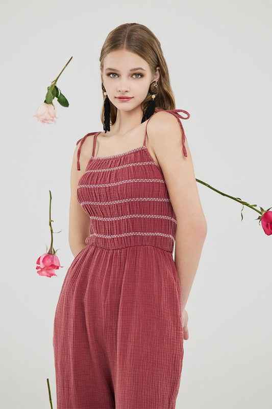 Smocked Top Wide Leg Gauze Jumpsuits