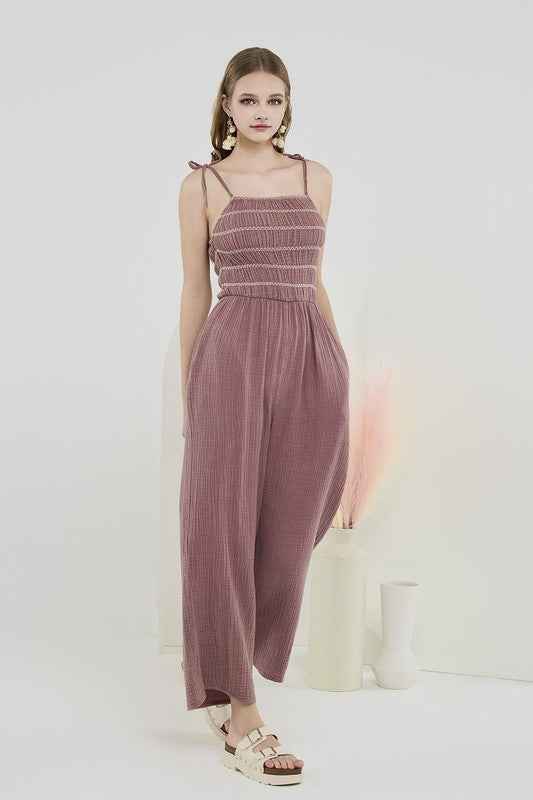 Smocked Top Wide Leg Gauze Jumpsuits