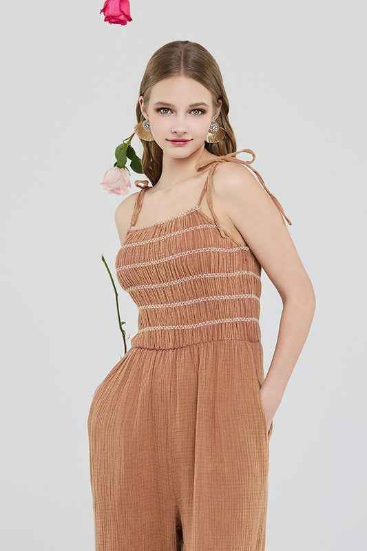 Smocked Top Wide Leg Gauze Jumpsuits