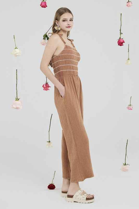 Smocked Top Wide Leg Gauze Jumpsuits