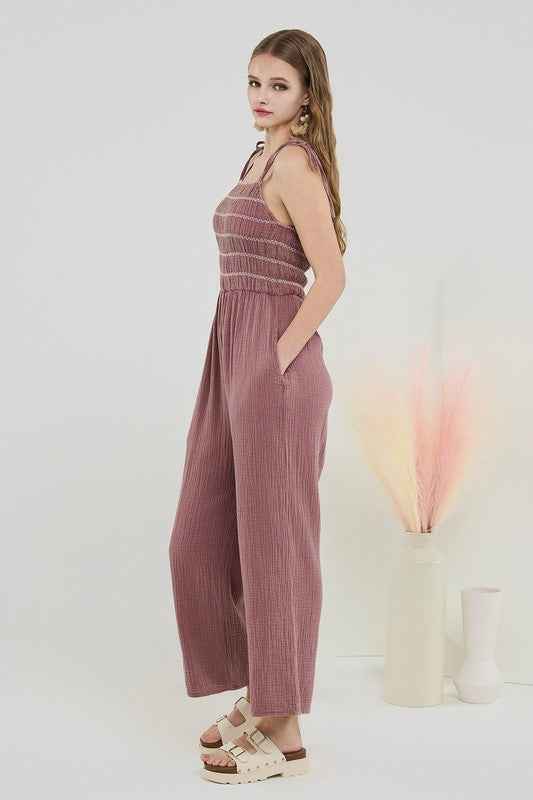 Smocked Top Wide Leg Gauze Jumpsuits